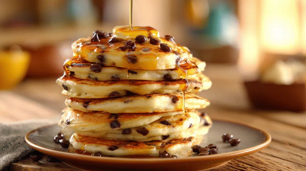 A stack of fluffy chocolate chip pancakes topped with melting butter and maple syrup on a rustic wooden table