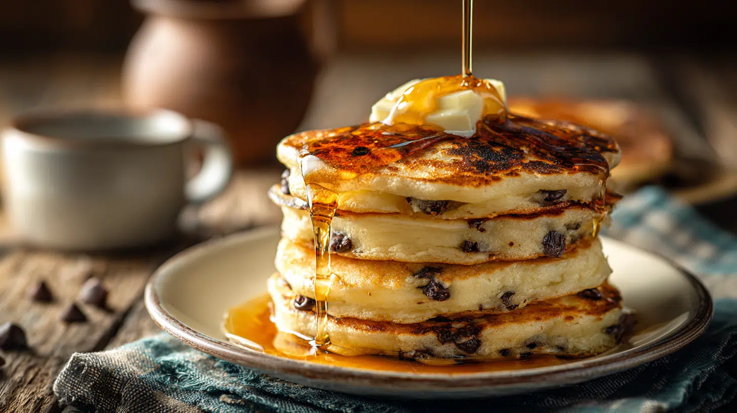 A stack of fluffy chocolate chip pancakes topped with melting butter and maple syrup on a rustic wooden table