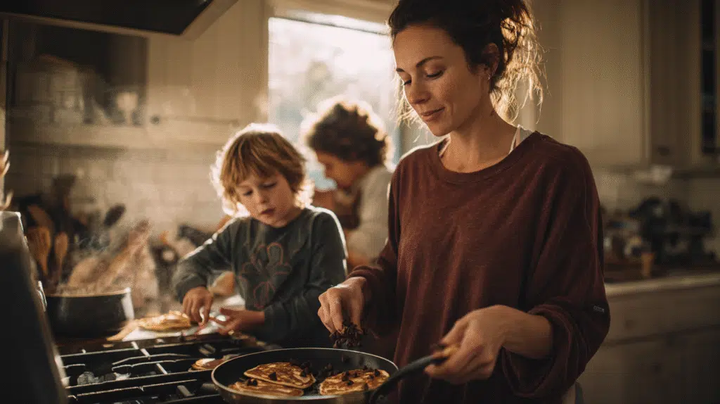 Parent cooking easy chocolate chip pancakes with kids helping in the kitchen on a sunny morning