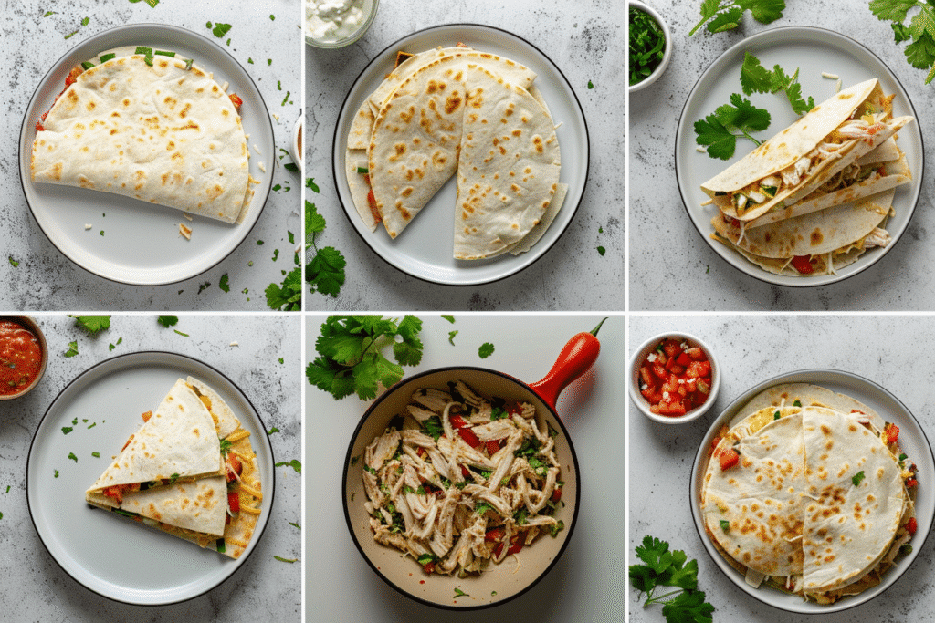 Step-by-step collage showing how to make chicken quesadillas in a skillet and slice them into triangles.