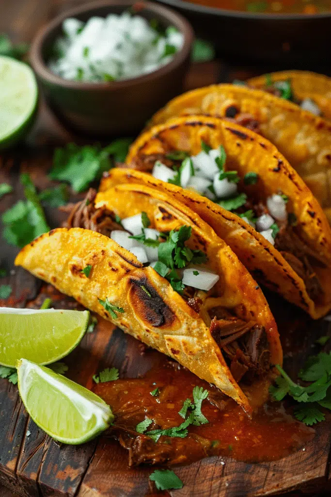 Crispy birria tacos dipped in rich consommé with melted cheese and lime wedges