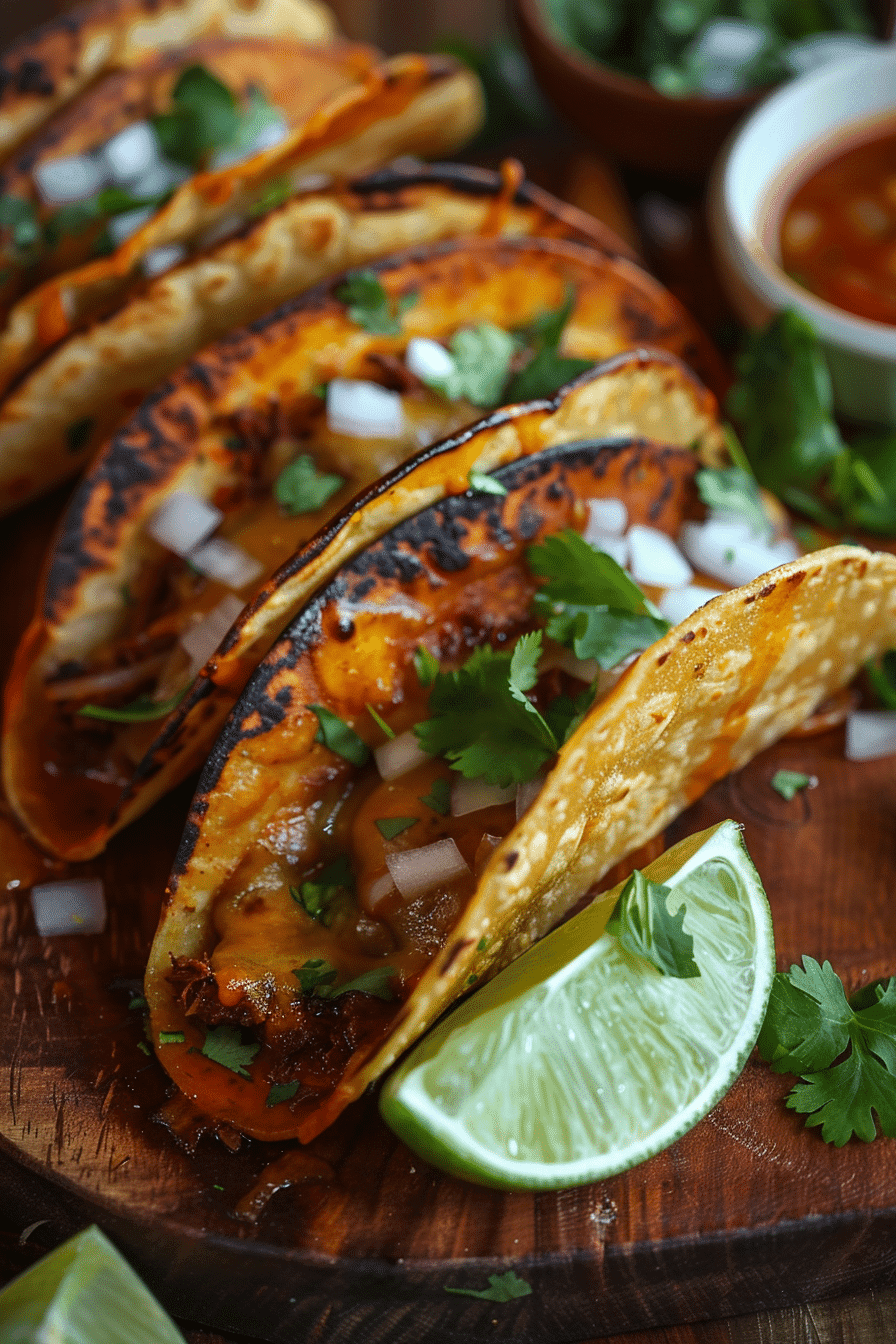 Crispy birria tacos dipped in rich consommé with melted cheese and lime wedges