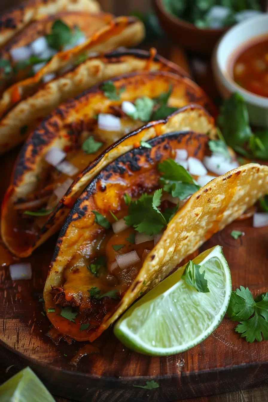 Crispy birria tacos dipped in rich consommé with melted cheese and lime wedges