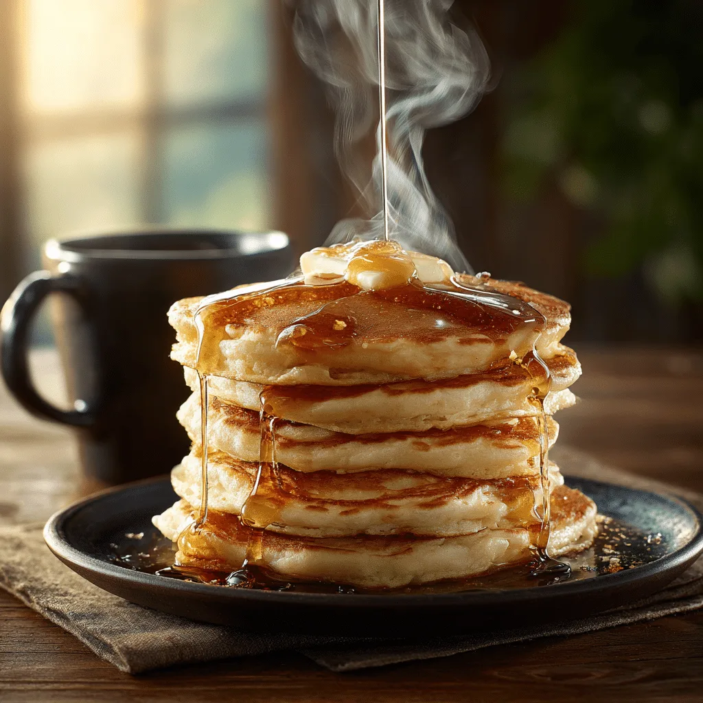 Stack of fluffy pancakes drizzled with maple syrup on wooden table