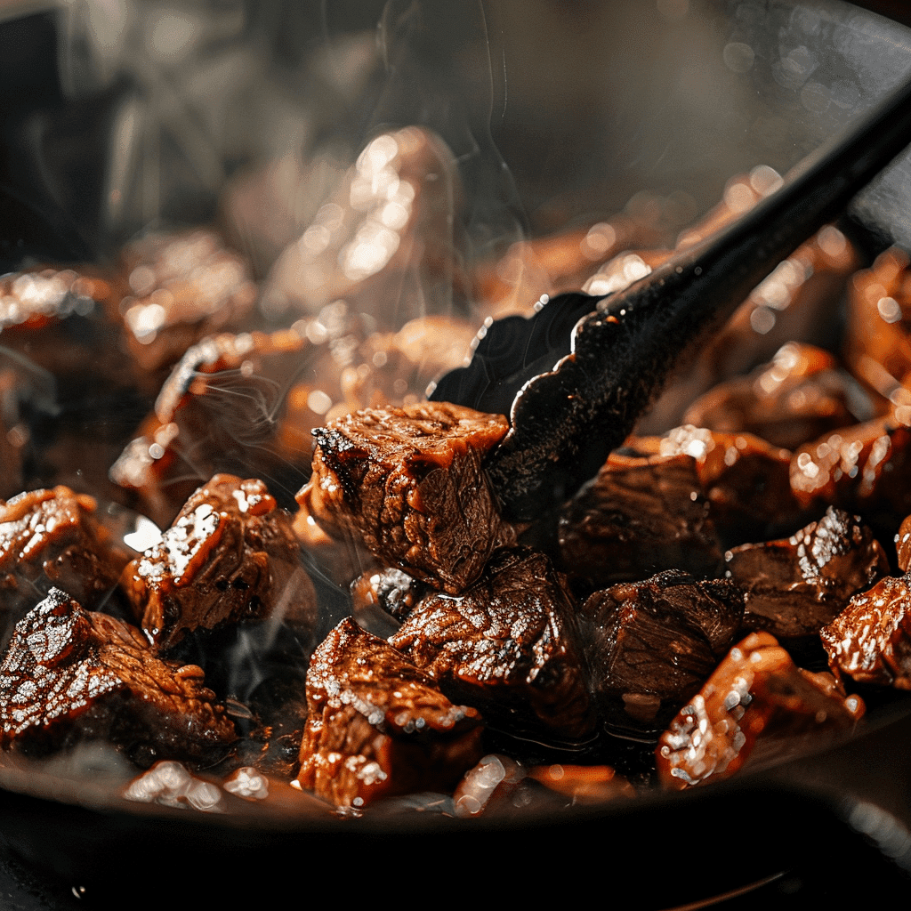 Beef chunks browning in cast iron pot for birria tacos