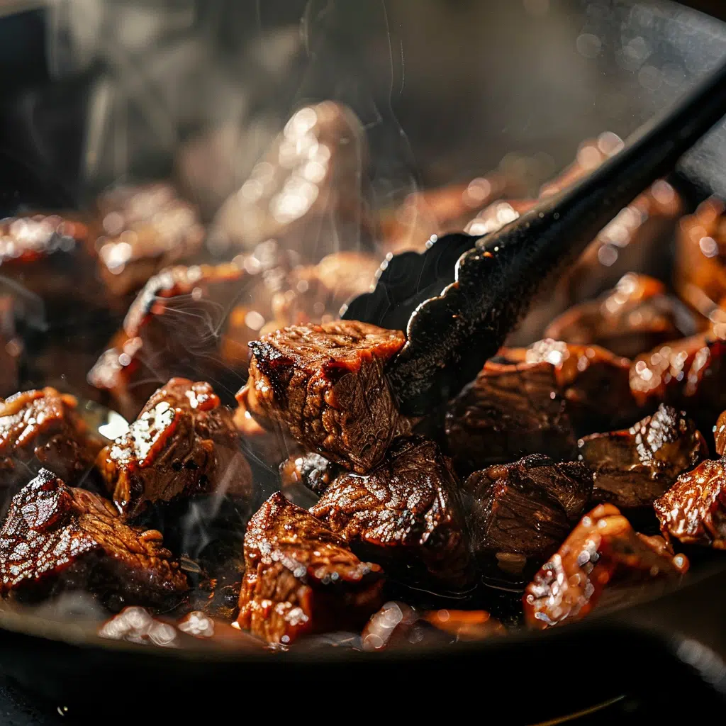 Beef chunks browning in cast iron pot for birria tacos