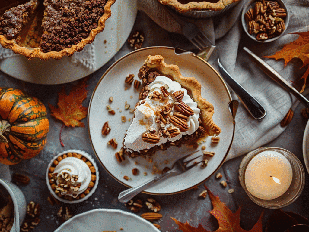 Thanksgiving dessert table with pumpkin pie slice, pecan tart, and chocolate trifle – festive holiday serving ideas 2025