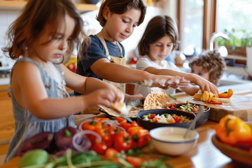 Kids making and dipping chicken quesadillas with cheese and ranch in a bright kitchen.