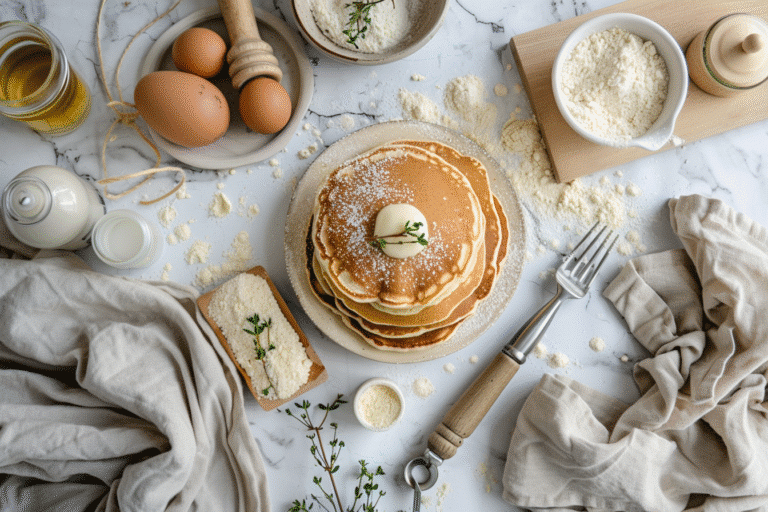 Printable fluffy pancake recipe card layout with ingredients and pancakes