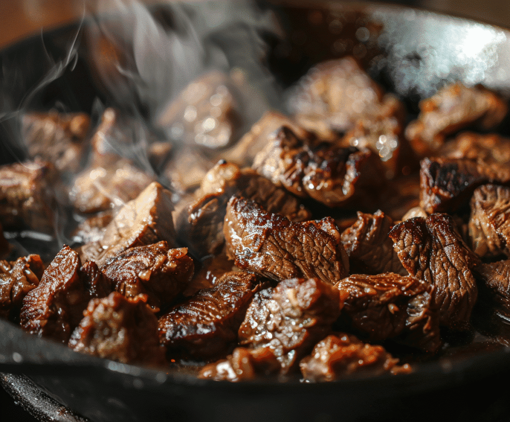 Beef searing in pot for birria tacos recipe