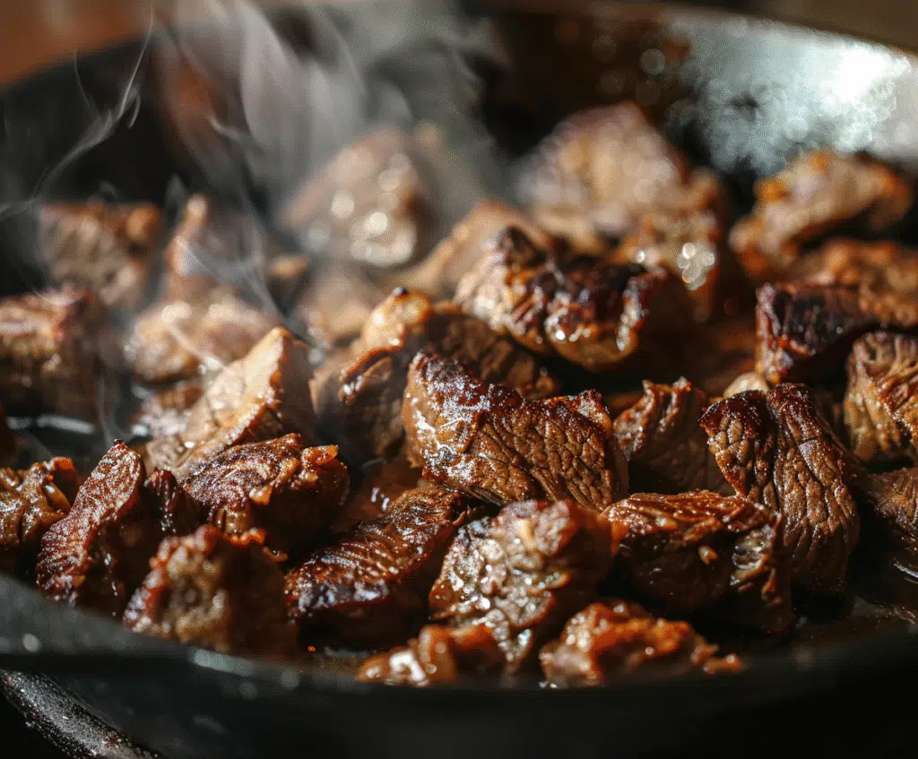 Beef searing in pot for birria tacos recipe