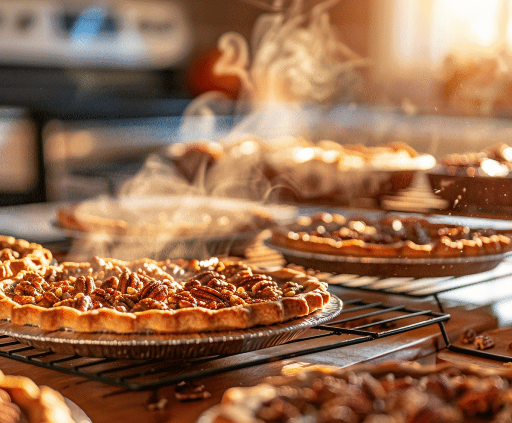 Freshly baked Thanksgiving pies and pecan bars cooling on rack – holiday dessert tips 2025