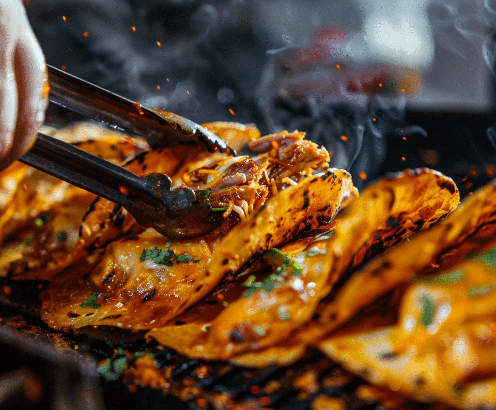 Crispy birria tacos frying on skillet