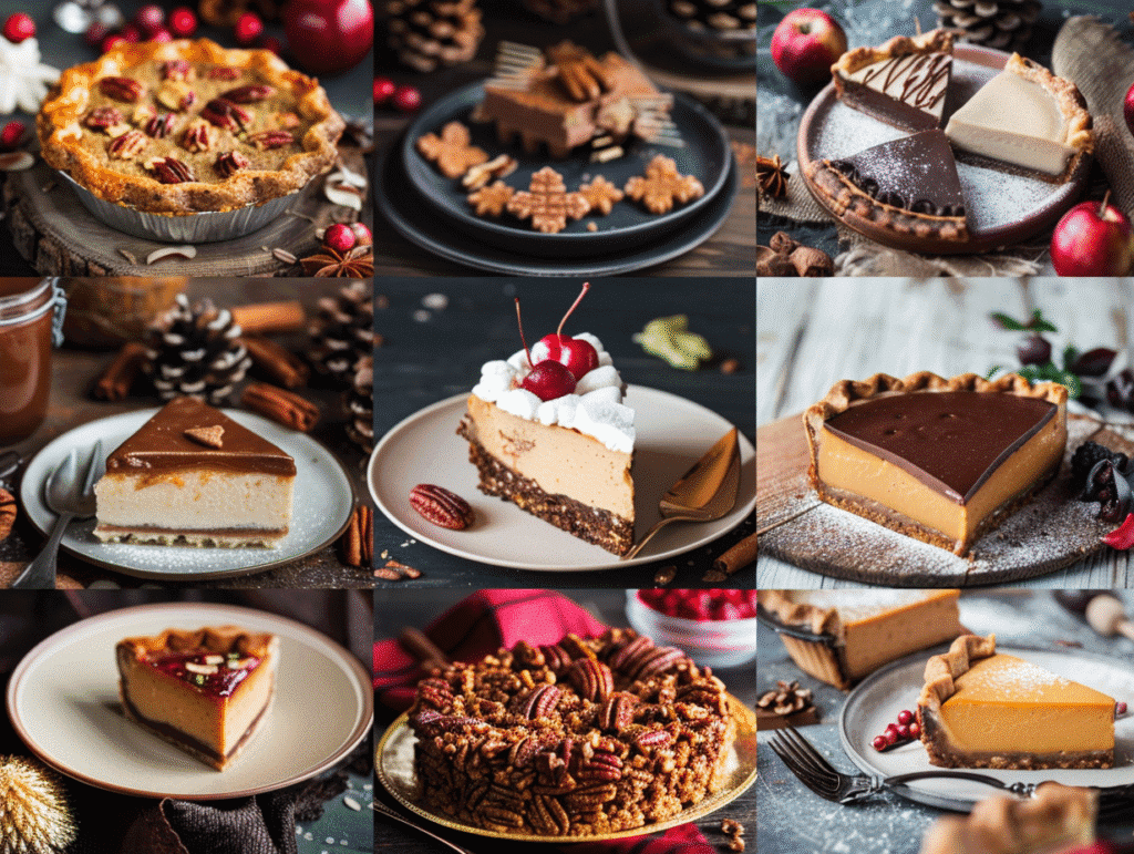 Assorted Thanksgiving dessert variations including pumpkin cheesecake bars, pecan pie, and apple crisp – easy holiday twists 2025