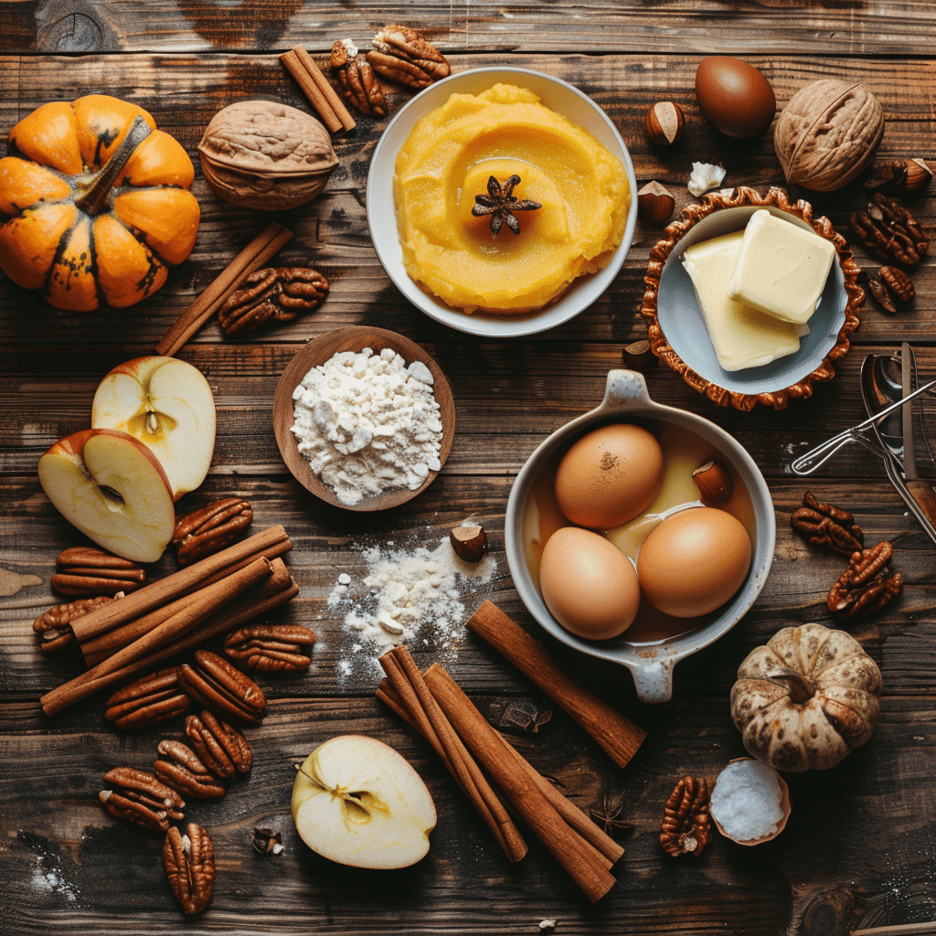 Thanksgiving dessert ingredients flat lay with pumpkin, apples, pecans, and spices for easy holiday desserts 2025