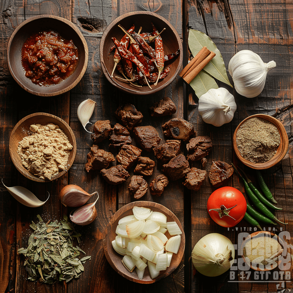 Flat lay of birria taco ingredients including dried chiles, beef, cheese, and spices