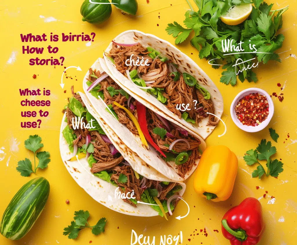 Visual FAQ guide for birria tacos including ingredients, cheese, and storage tips