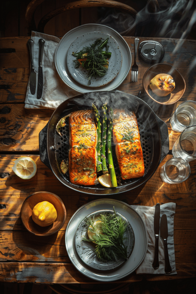 Air fryer dinners for two with lemon-pepper salmon and asparagus served at a small table.