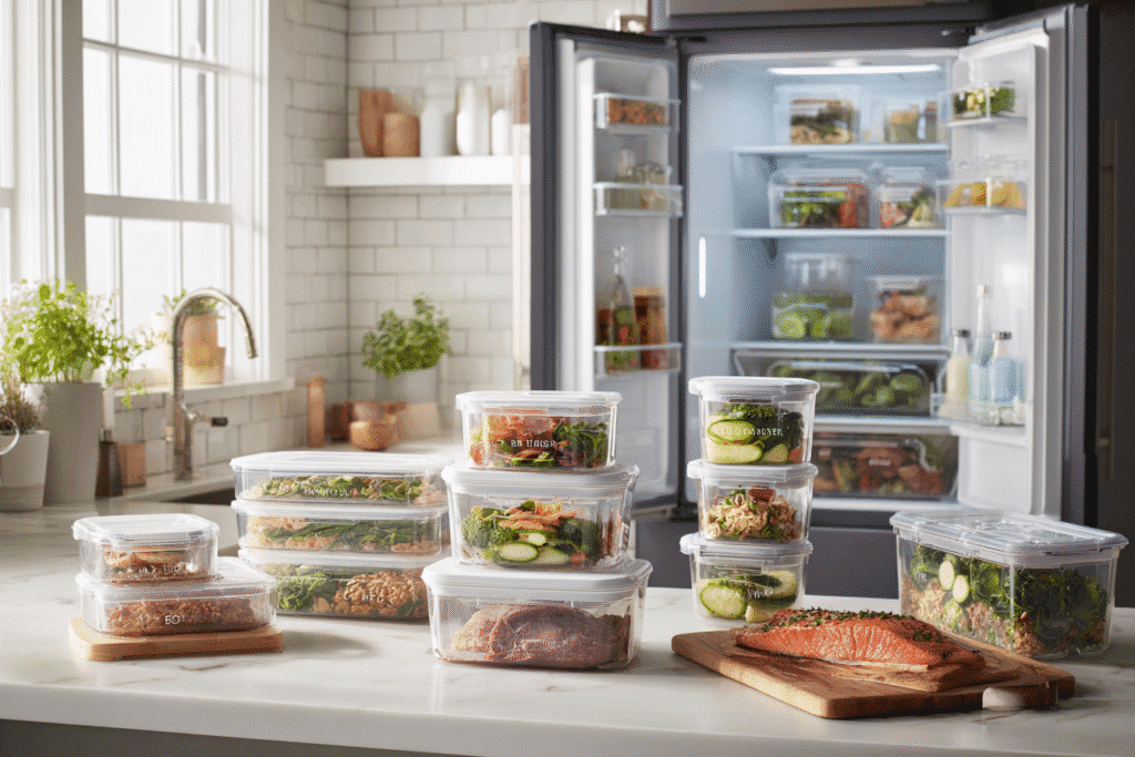 Organized meal prep containers filled with air fryer chicken, veggies, and salmon for two.