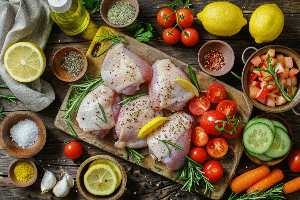 Flat lay of air fryer dinner ingredients for two with chicken thighs, vegetables, and spices on a wooden table.