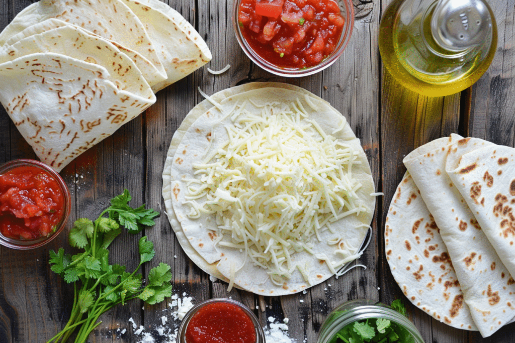 Flat lay of ingredients for chicken quesadillas including tortillas, cheese, chicken, and salsa.