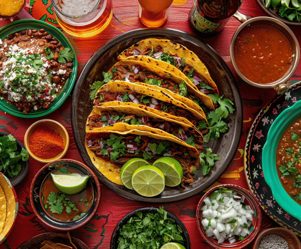 Plated birria tacos with consommé and traditional Mexican sides