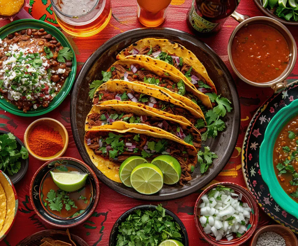 Plated birria tacos with consommé and traditional Mexican sides