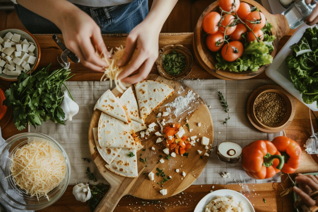 Parent and child assembling chicken quesadillas together in a bright home kitchen.