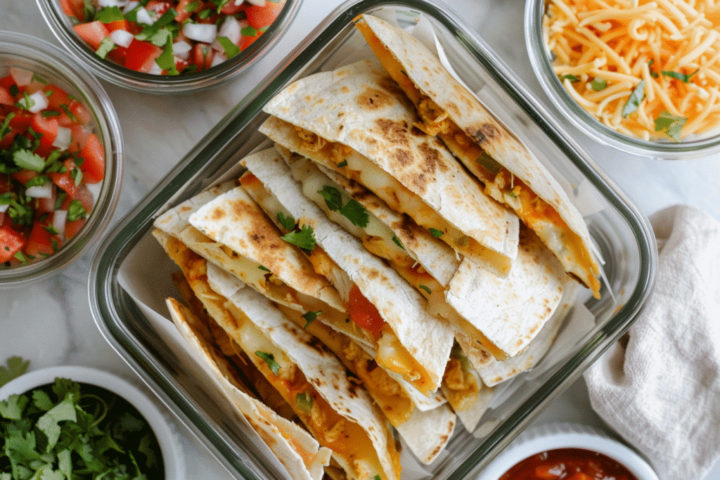 Stacked chicken quesadillas stored in meal prep containers with salsa and cheese on the side.