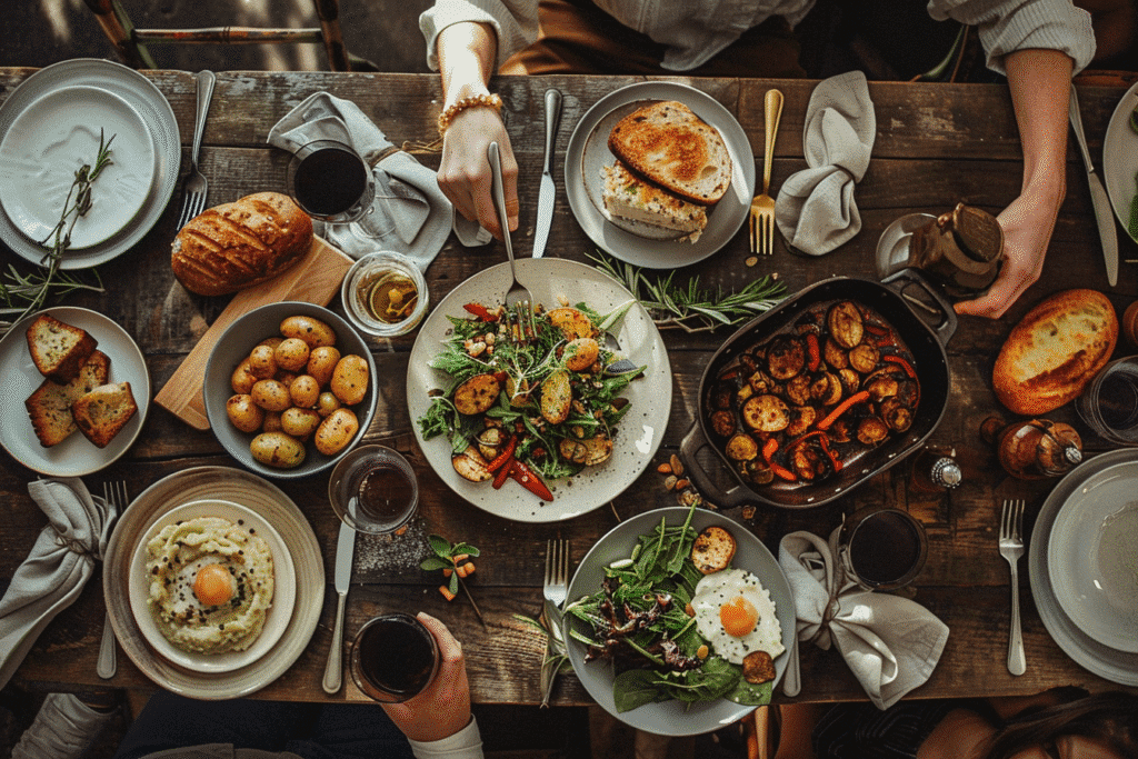 Dinner table for two featuring air fryer dishes with side plates of roasted vegetables, potatoes, and salad.