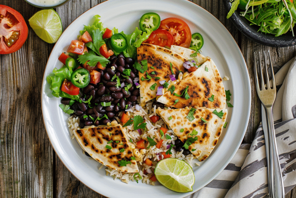 Plate with chicken quesadillas, rice, beans, and salad on a wooden table.