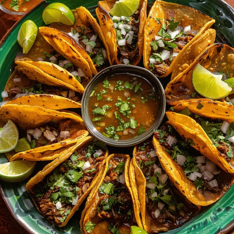 Platter of crispy birria tacos with consommé for dipping