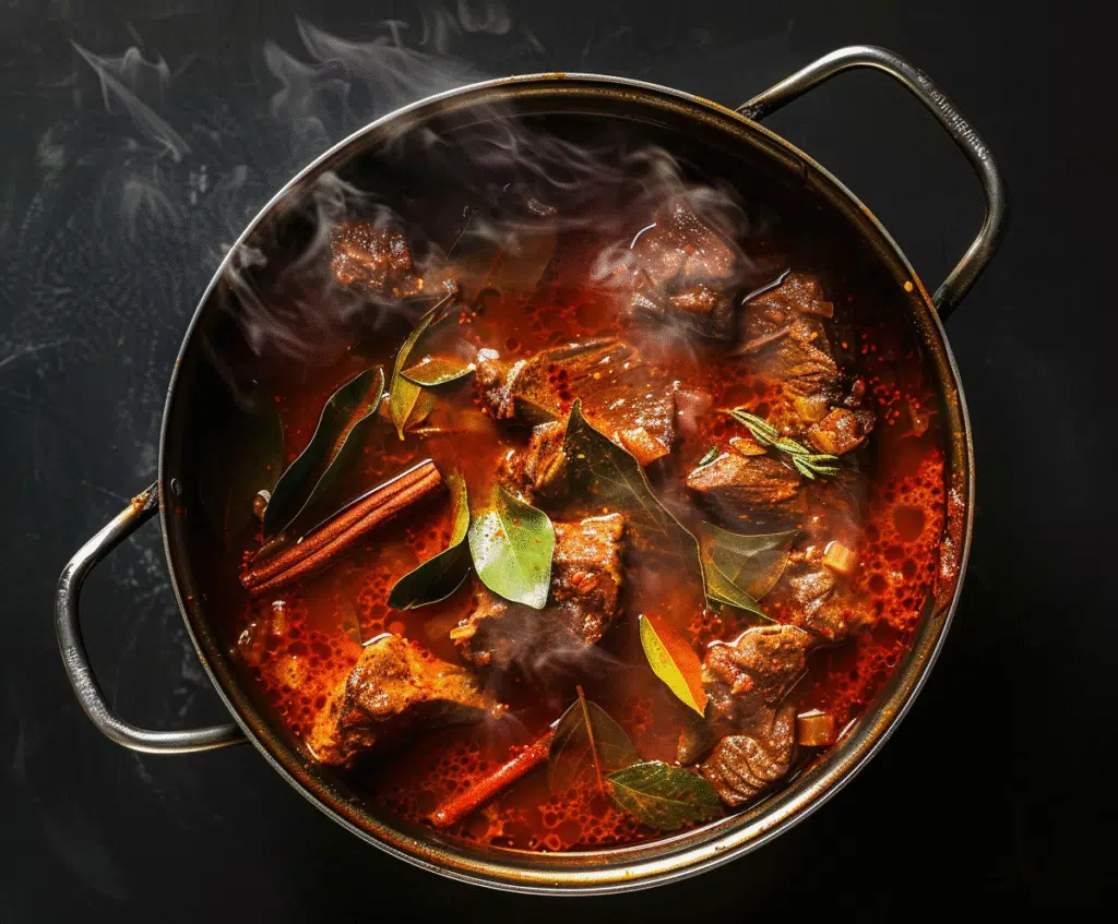 Birria stew simmering in red chile broth