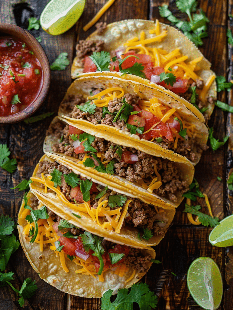 Overhead photo of quick beef tacos with cheese, lettuce, and salsa on a rustic table.
