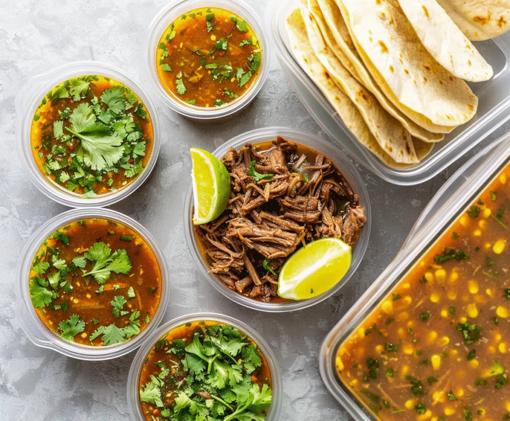 Meal-prep containers with shredded birria beef, consommé, and tortillas