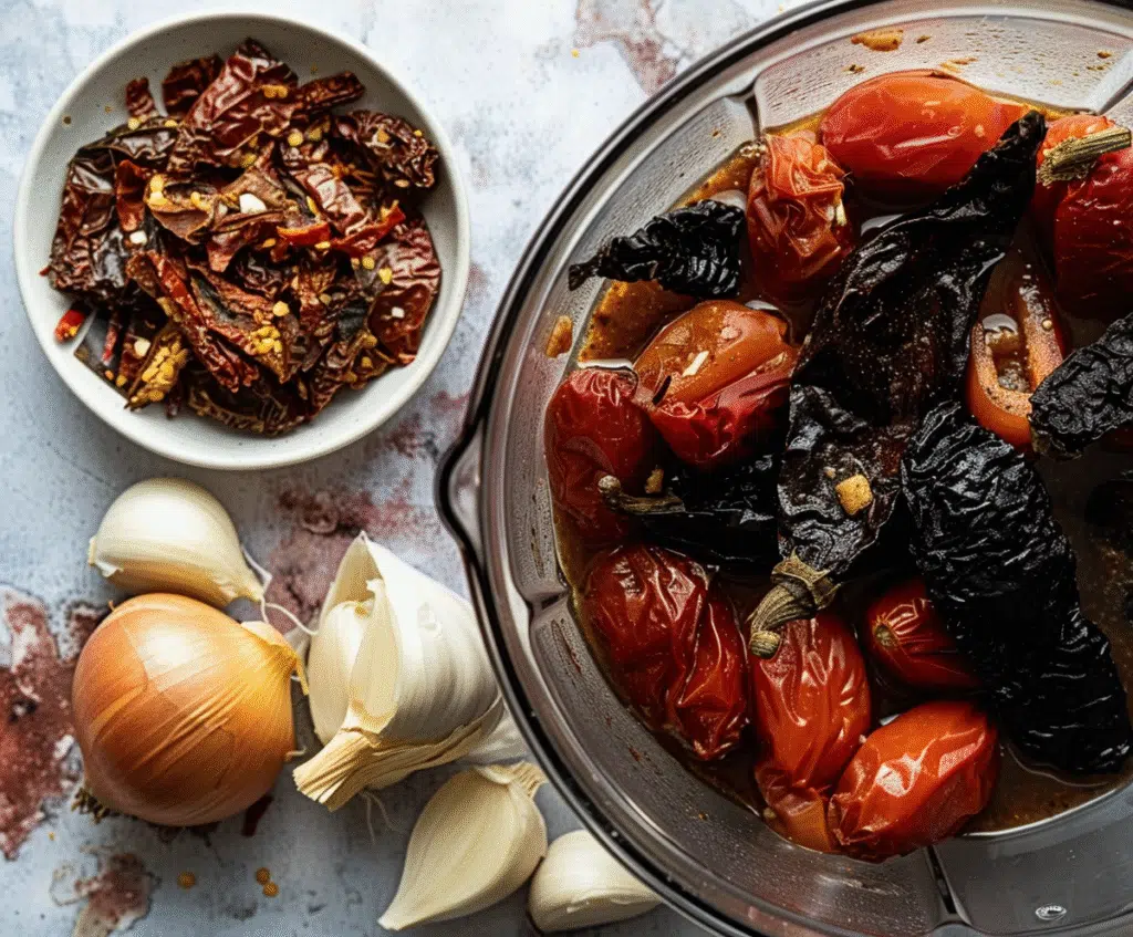 Dried chiles and roasted vegetables ready to blend for birria sauce