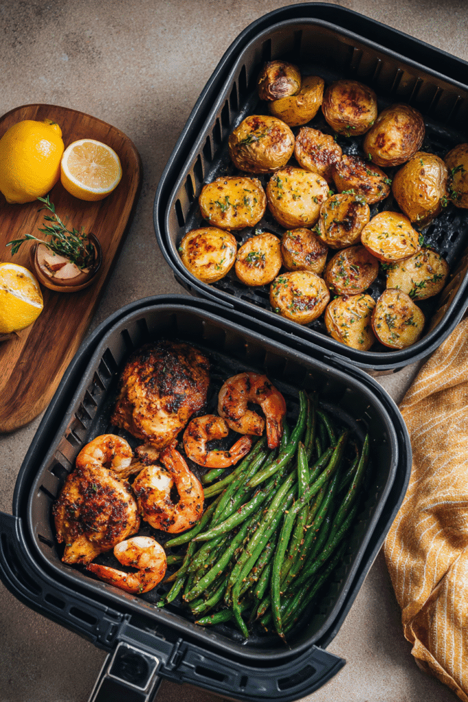 Overhead shot of two air fryer dinners for two — shrimp with potatoes and chicken with green beans — served in a single air fryer basket.