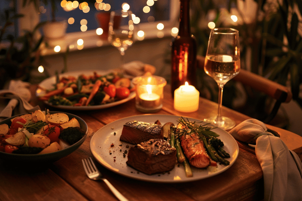 Romantic dinner setup for two featuring air fryer steak bites, salmon, and vegetables by candlelight.