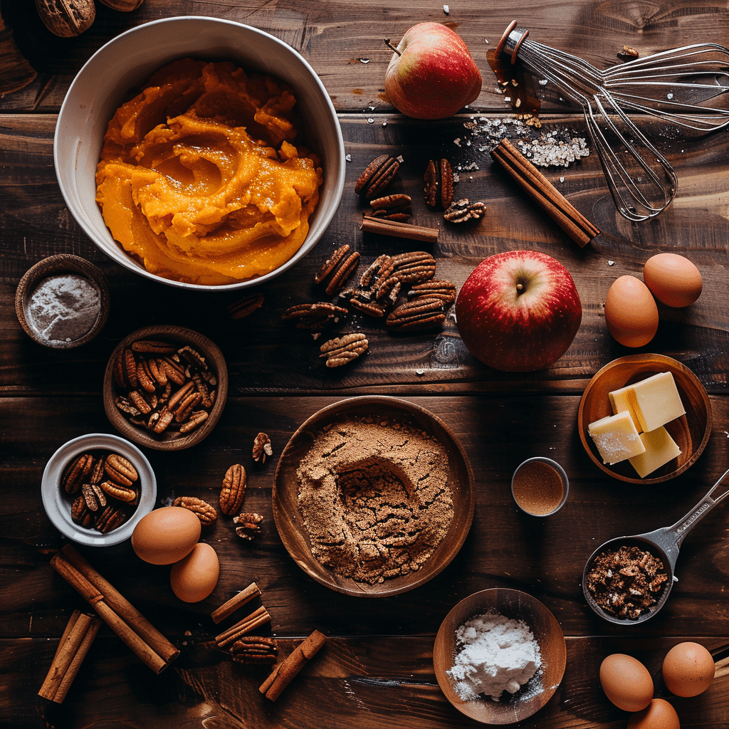 Thanksgiving dessert ingredients on wooden counter with pumpkin, apples, and pecans – easy holiday baking 2025