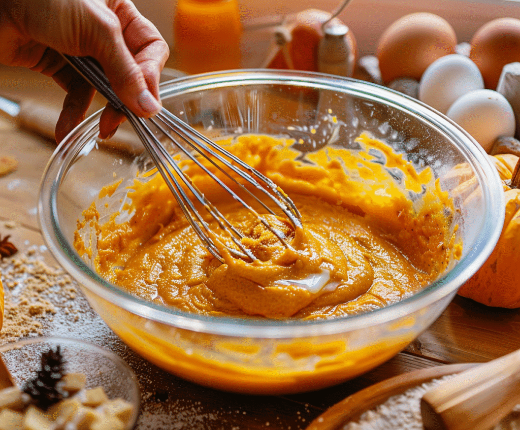 Hands mixing pumpkin dessert batter in glass bowl on wooden counter – easy Thanksgiving desserts step-by-step 2025