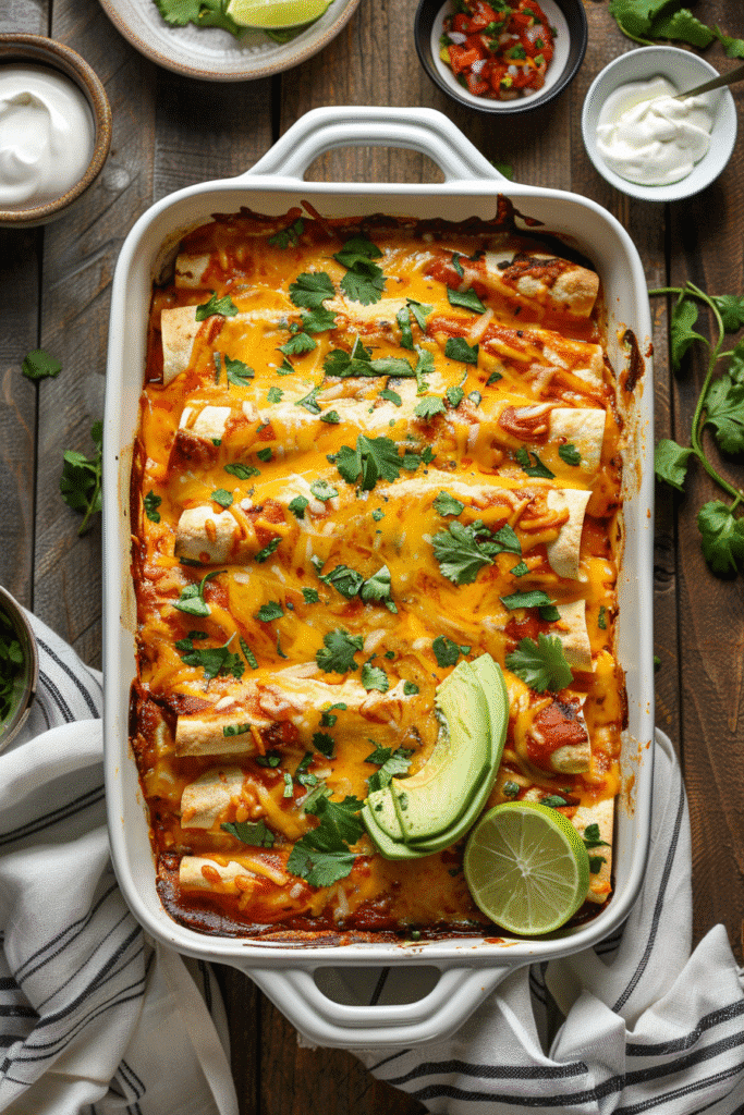 Easy chicken enchiladas with bubbly cheese, cilantro, avocado, and lime wedges in a 9x13 pan.